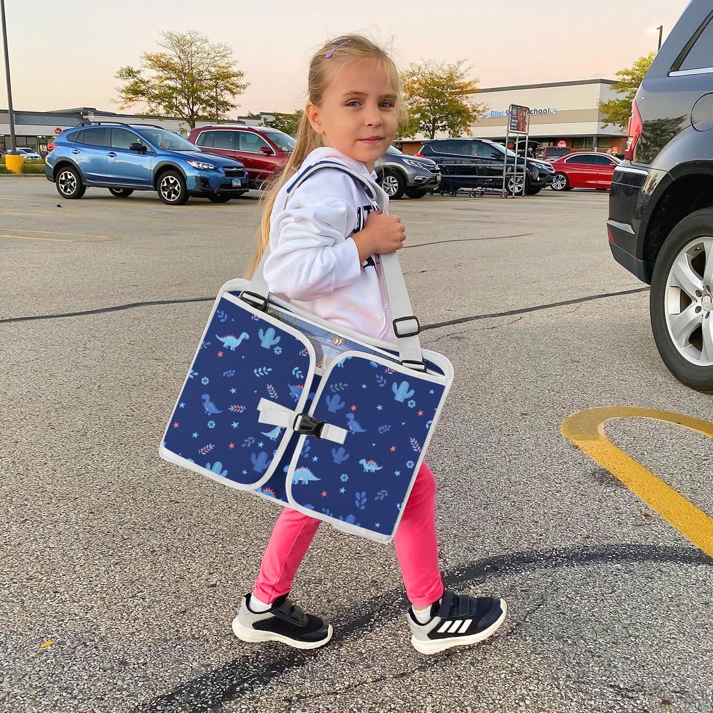 MENZOKE Kids Travel Tray, Car Seat Tray with Educational Drawing Board, Tablet Holder & Cooler Cup Holder,Essential for Car Travel & Holiday Gifts, Dinosaur Print Pattern, Dark Blue