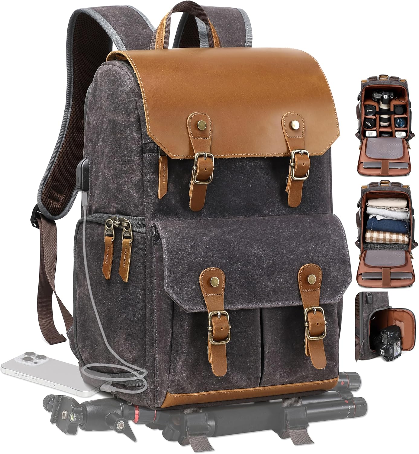 Padwa Lifestyle Black Gray Camera Backpack - Weather Resistant Waxed Memory Canvas Camera Backpacks for Photographers,Multi DSLR SLR Camera Bag with 16” Laptop & Lens Compartment and Tripod Holder
