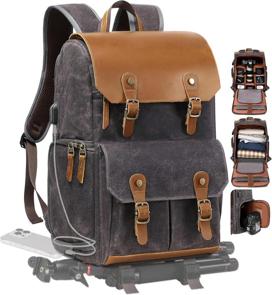 Padwa Lifestyle Black Gray Camera Backpack - Weather Resistant Waxed Memory Canvas Camera Backpacks for Photographers,Multi DSLR SLR Camera Bag with 16” Laptop & Lens Compartment and Tripod Holder