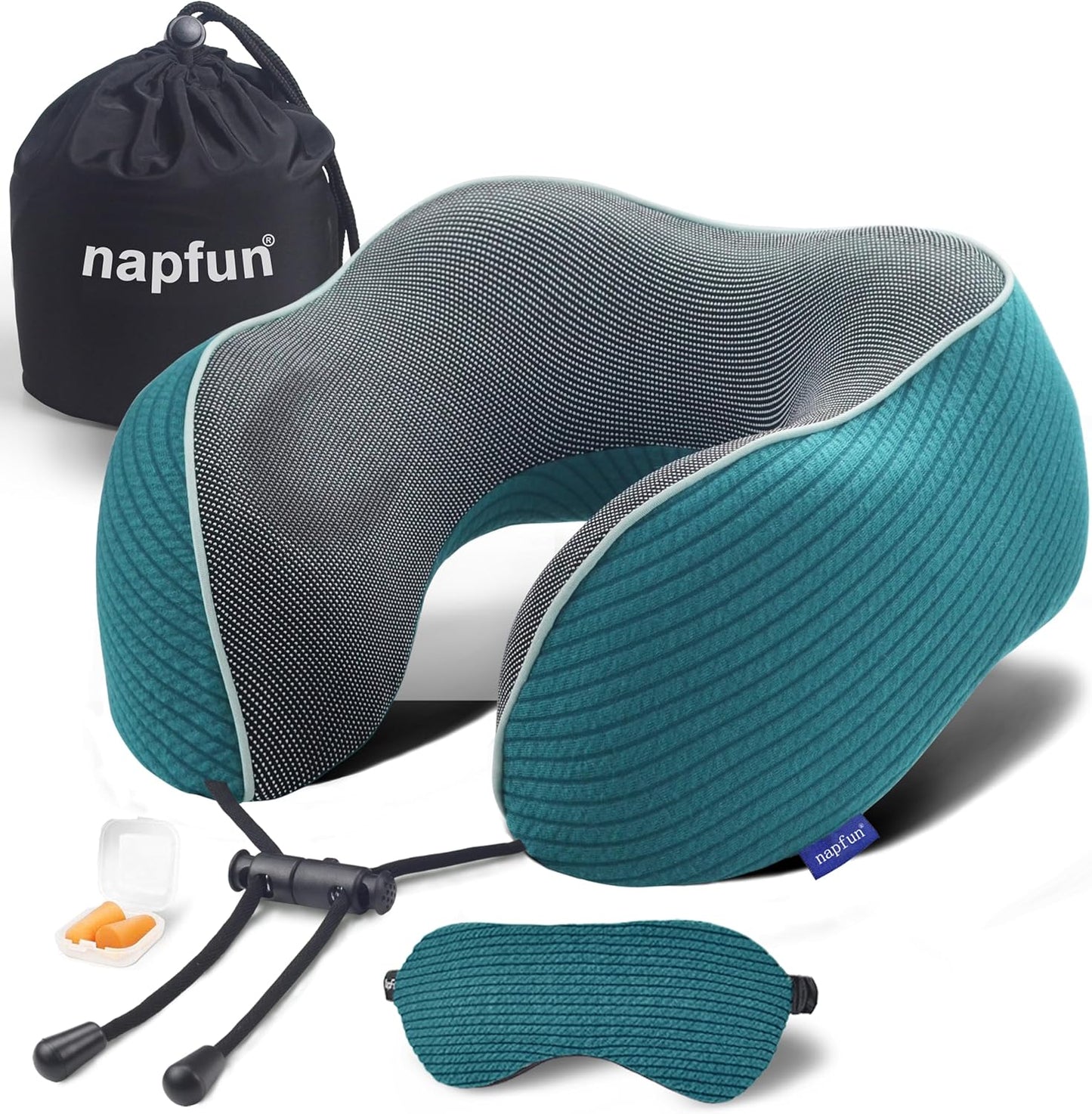 napfun Neck Pillow for Traveling, Upgraded Travel Neck Pillow for Airplane 100% Pure Memory Foam Travel Pillow for Flight Headrest Sleep, Portable Plane Accessories, Teal Set, Medium (120-200LB)