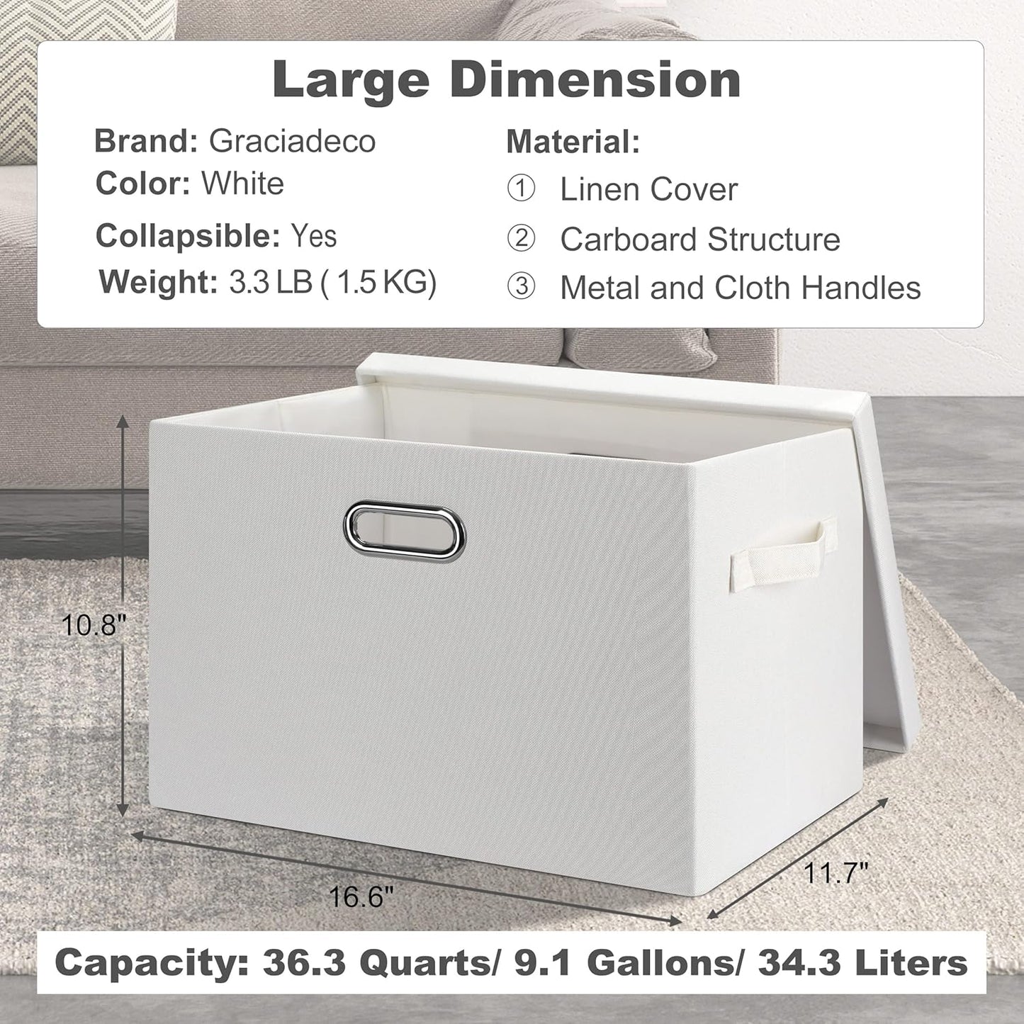 Large 17" 36 Quart Collapsible Stackable Storage Bins with Lids, 1 Pack White Foldable Fabric Closet Storage Boxes with Lids, 4 Handles Heavy-duty Linen Cube Baskets for Bedroom