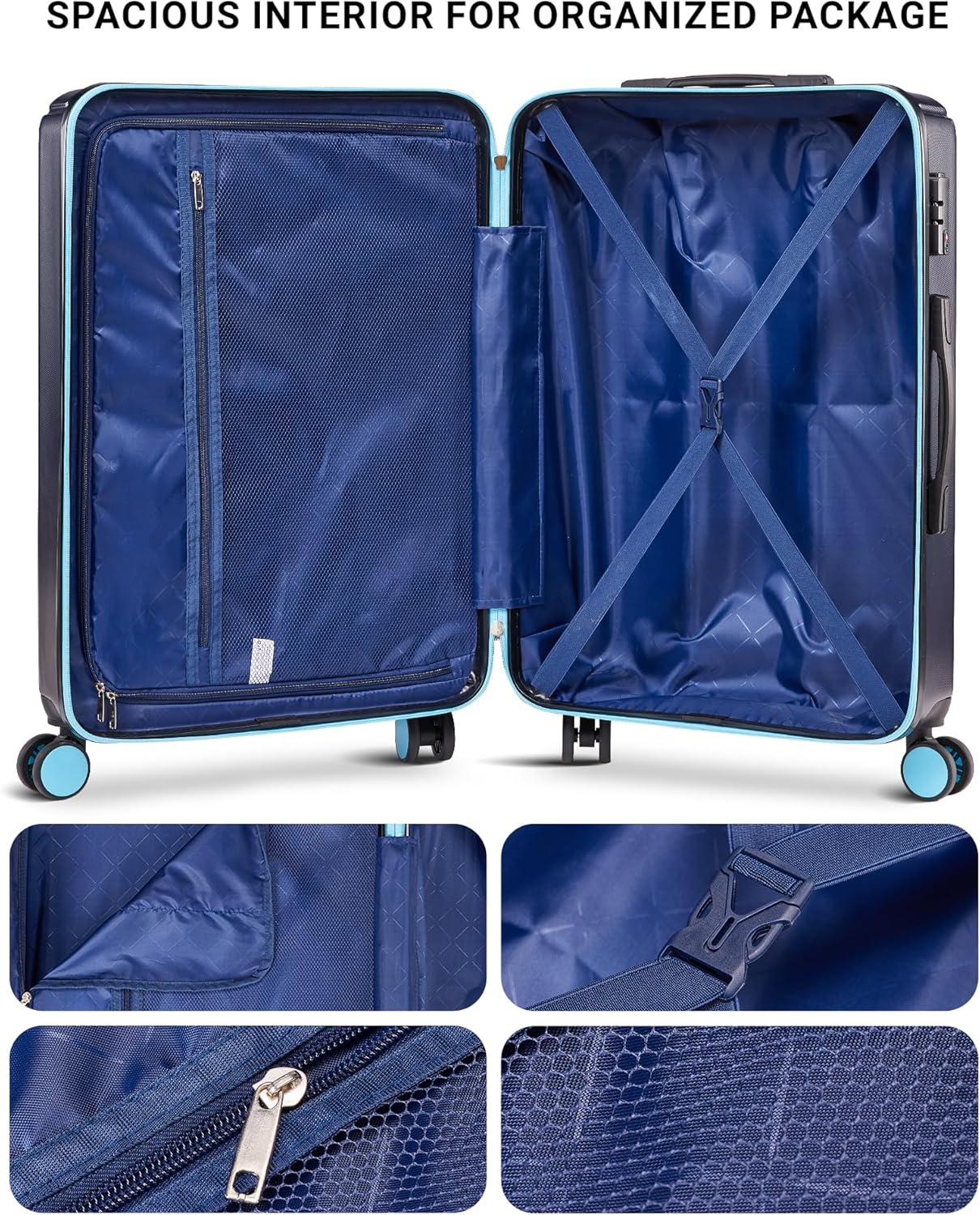 28 inch Luggage Hardside and Lightweight Suitcase with Spinner Wheels TSA Lock for Travel Business,Blue With Dark Blue