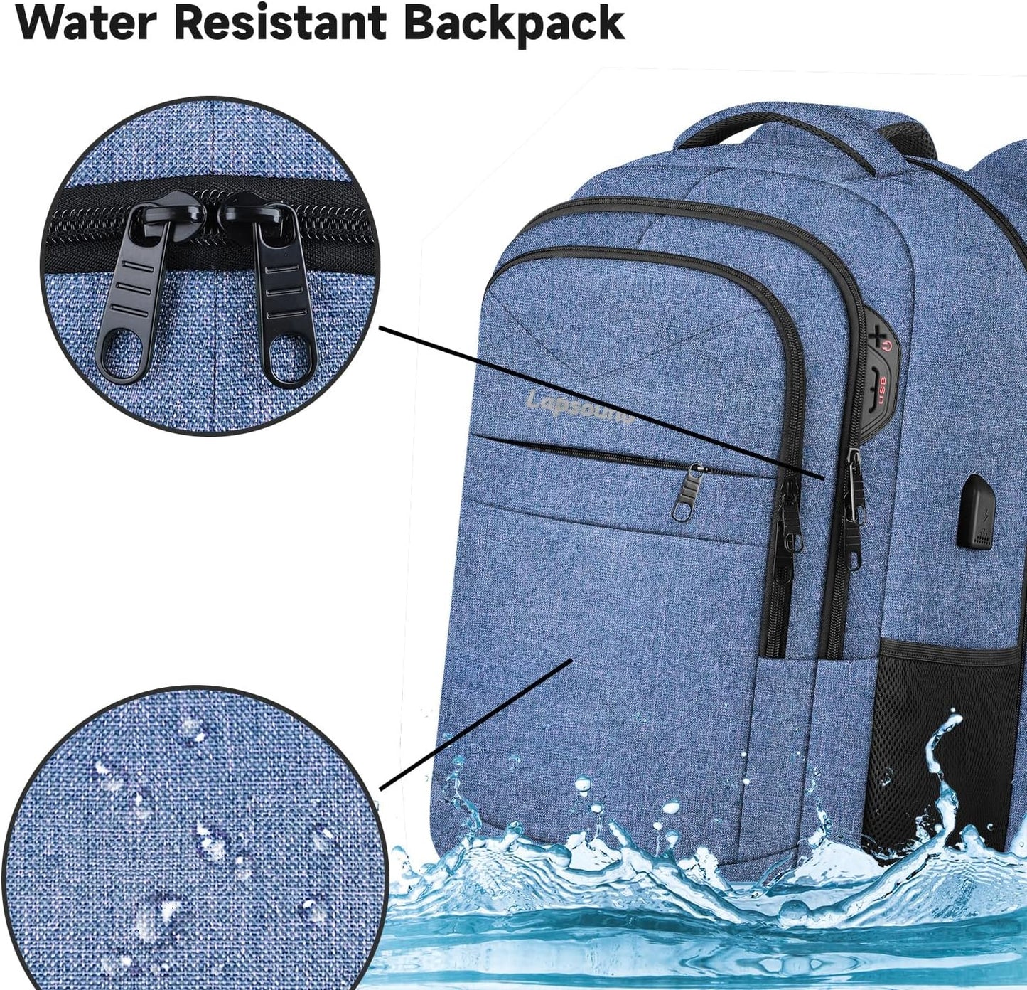 Lapsouno Travel Laptop Backpack, Travel Backpack, TSA Laptop Backpack, 15.6 inch Bag with USB Port, TSA Friendly Water Resistant College School Business Computer Bag Backpack Men Women, Blue