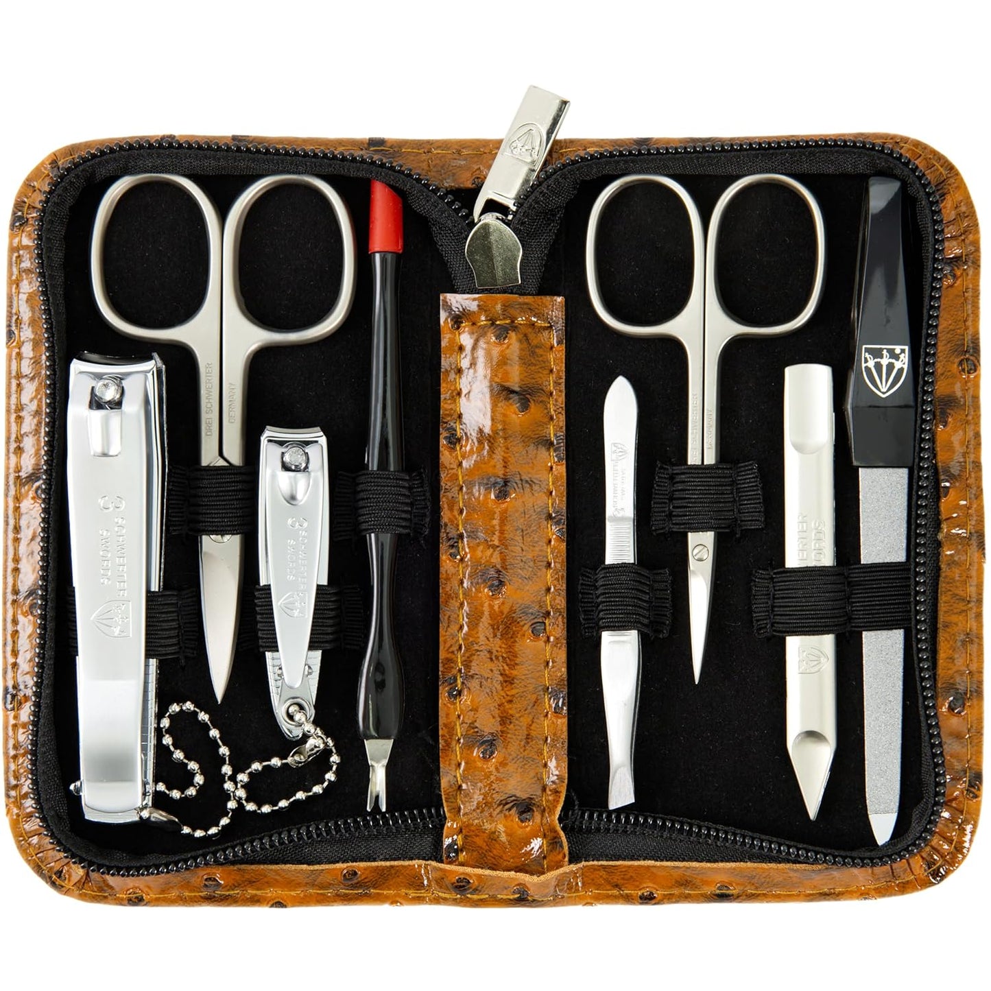 3 Swords Germany – brand quality 8 piece manicure pedicure grooming kit set for professional nail care with synthetic leather case ostrich cognac - Made in Germany