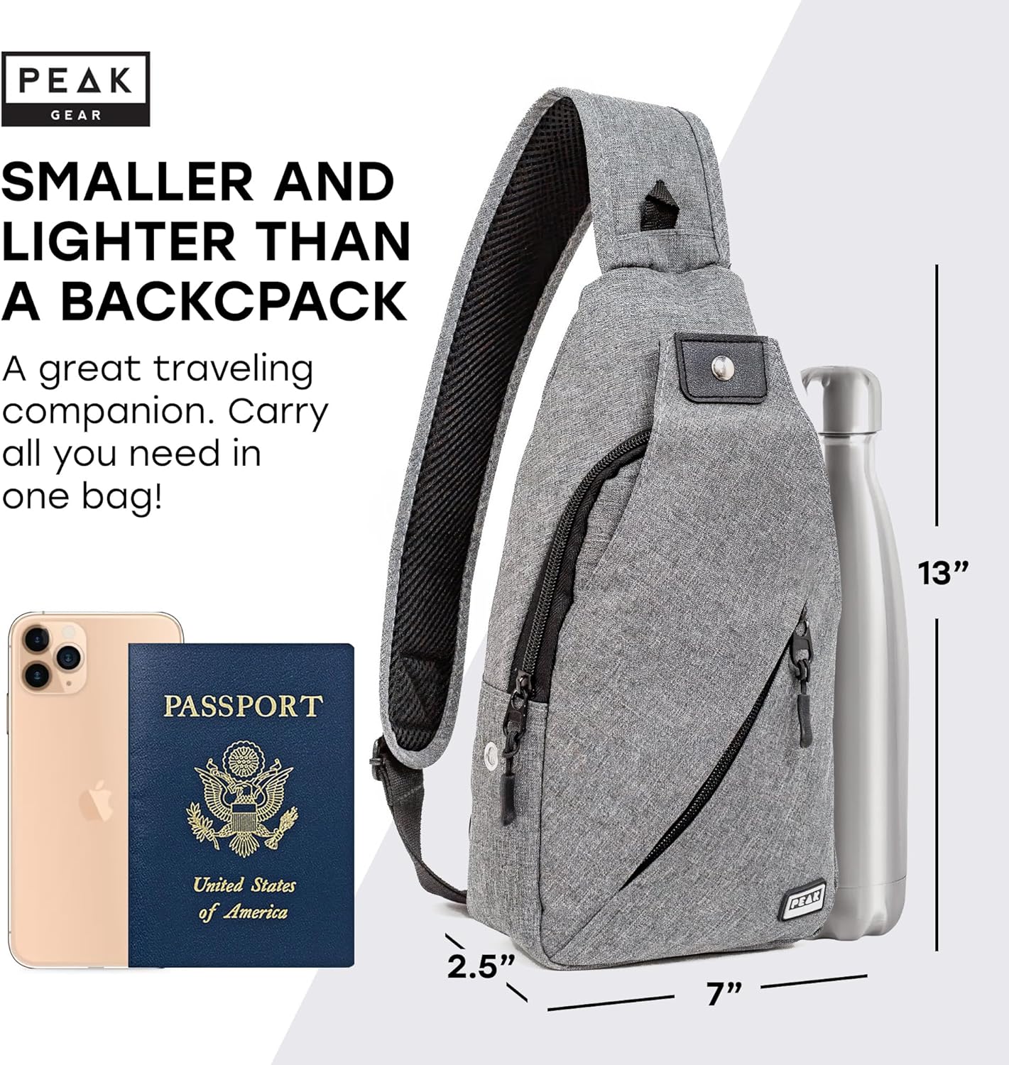 Peak Gear Travel Sling Bag. Compact Crossbody Bag | Lighter and Smaller than a Backpack | Lifetime Lost & Found ID Tag
