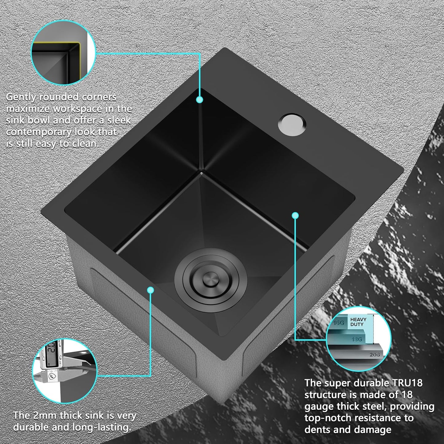 13 x 15 Inch Black Drop In Small Kitchen Sink, Single Bowl Topmount Bar Prep Sink - 18 Gauge Stainless Steel with Basket Strainer