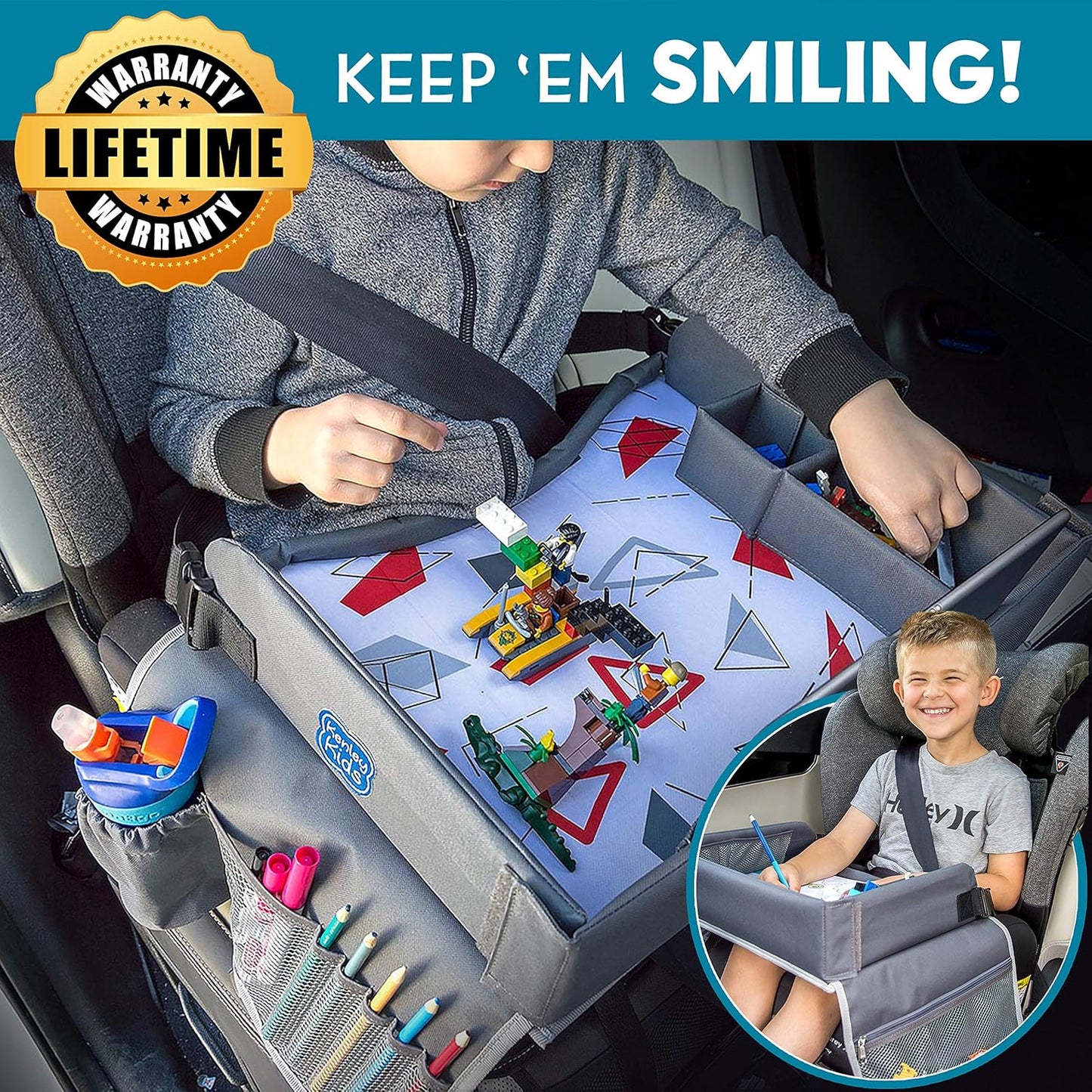 Kenley Kids Travel Tray, Toddler Car Seat Lap Tray, Road Trip Essentials Activity Table (Red/Gray)