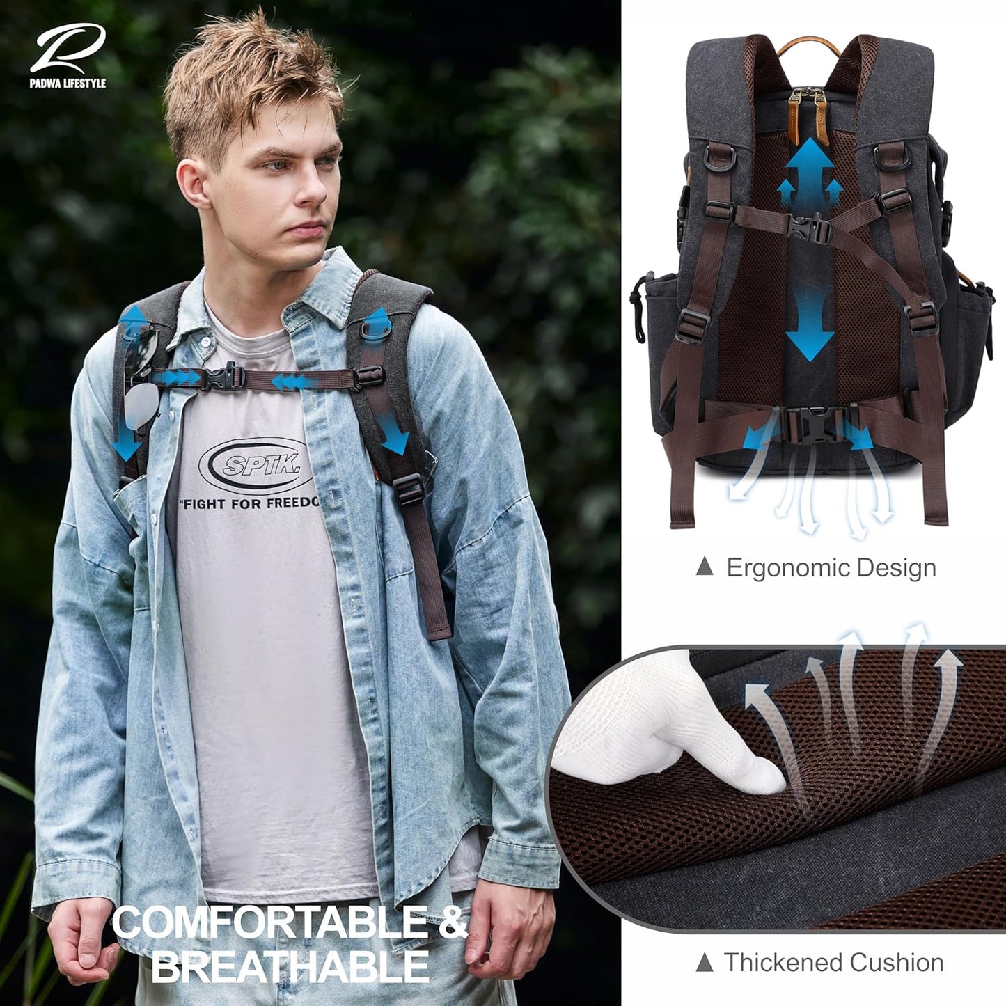 Padwa Lifestyle Black Camera Backpack - Professional DSLR & UAV Camera Bag,Anti Theft Canvas Camera Backpack with Rain Cover,Large Capacity Photography Travel Camera Bag with Multi Compartments