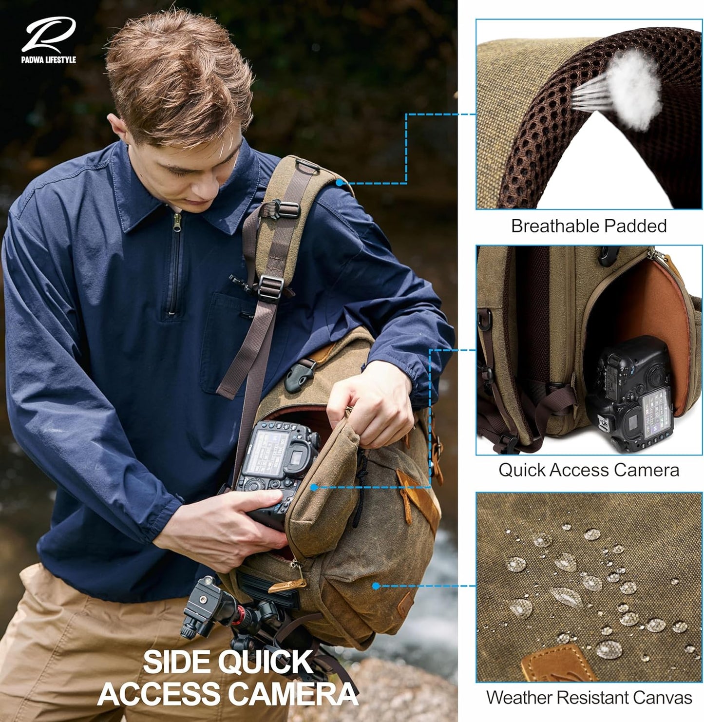 Padwa Lifestyle Khaki Camera Backpack - Professional DSLR & UAV Camera Bag,Anti Theft Canvas Camera Backpack with Rain Cover,Large Capacity Photography Travel Camera Bag with Multi Compartments