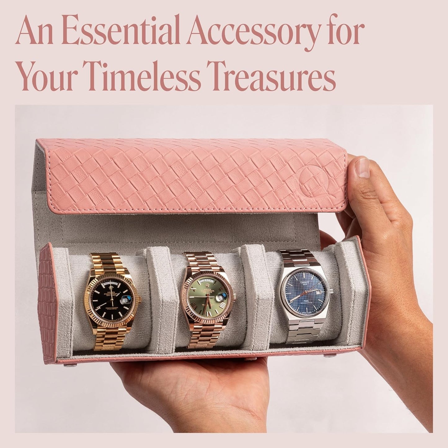 Ladies Leather Watch Rolls for Women - Hexagon Triple Watch Roll Travel Case for 3 Watches - Storage Organizer Genuine Leather with Velvet Interior Display (Woven Pink/Gray)