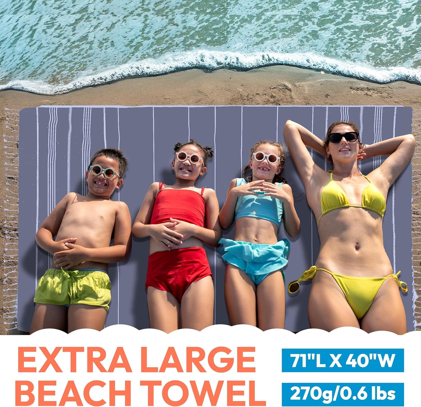 Turkish Beach Towel - 40x71 Inch Oversized Sand Resistant Prewashed Cotton Towel - Quick Drying, Compact, Lightweight for Beach, Bath, Pool, Gym, Yoga
