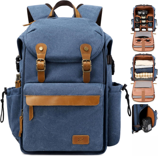 Padwa Lifestyle Blue Camera Backpack - Professional DSLR & UAV Camera Bag,Anti Theft Canvas Camera Backpack with Rain Cover,Large Capacity Photography Travel Camera Bag with Multi Compartments
