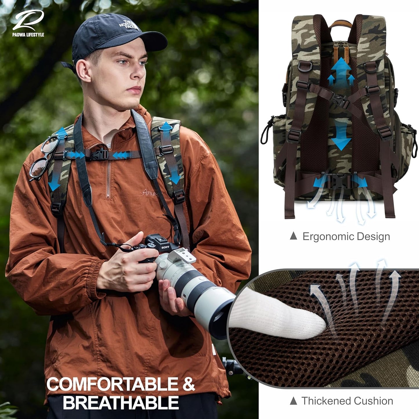 Padwa Lifestyle Camouflage Camera Backpack - Professional DSLR & UAV Camera Bag,Anti Theft Canvas Camera Backpack with Rain Cover,Large Capacity Photography Travel Camera Bag with Multi Compartments
