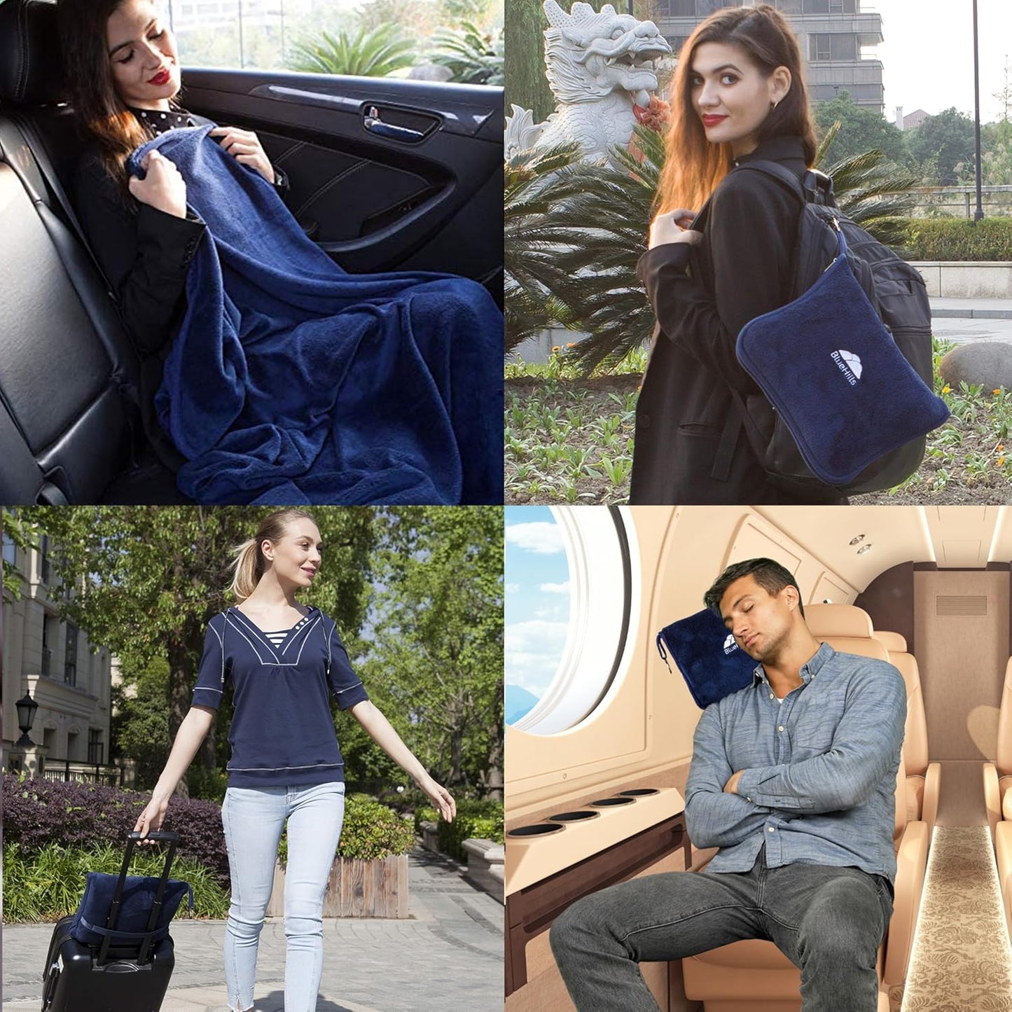 BlueHills Premium Soft 2-Pack Travel Blanket Pillows Airplane Large Plane Flight Throw Blankets for Two in Bag Compact Traveling Essentials Set Packable Warm Gifts Navy Blue T011