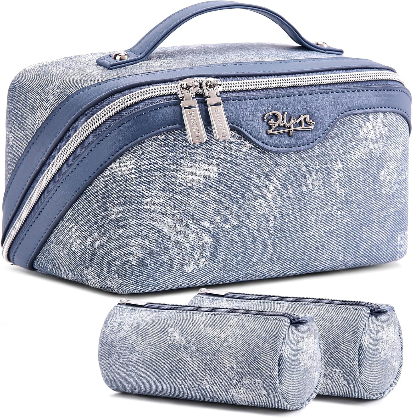 Travel Makeup Bag Cosmetic Bags for Women: 3 Sets Large Capacity Make up Bag - Portable Toiletry Bags with Handle for Women(05-Blue)