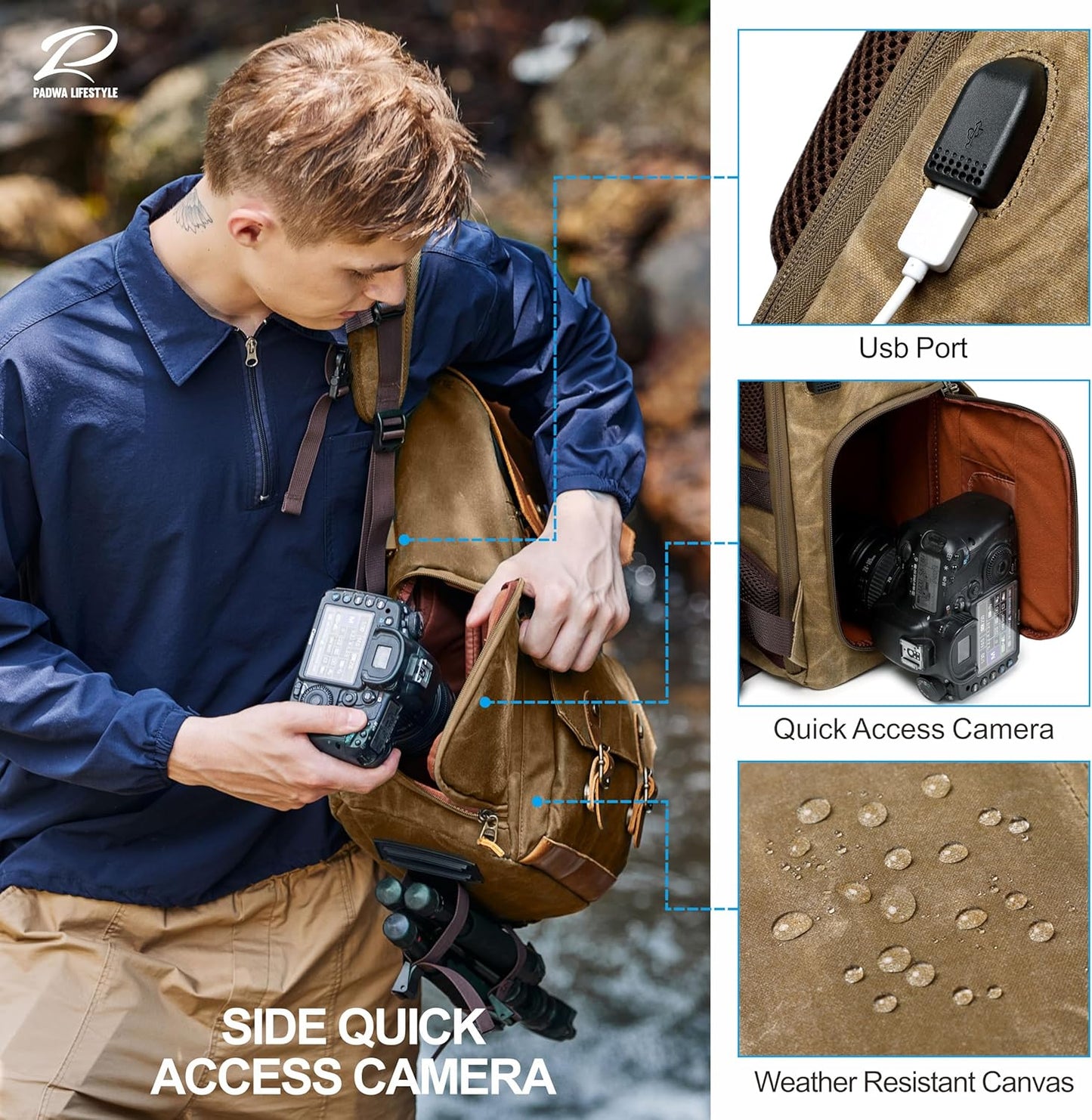 Padwa Lifestyle Khaki Camera Backpack - Waxed Memory Weather Resistant Canvas Camera Bag, Multi DSLR SLR Large Camera Backpacks for Photographers with 16” Laptop & Lens Compartment and Tripod Holder