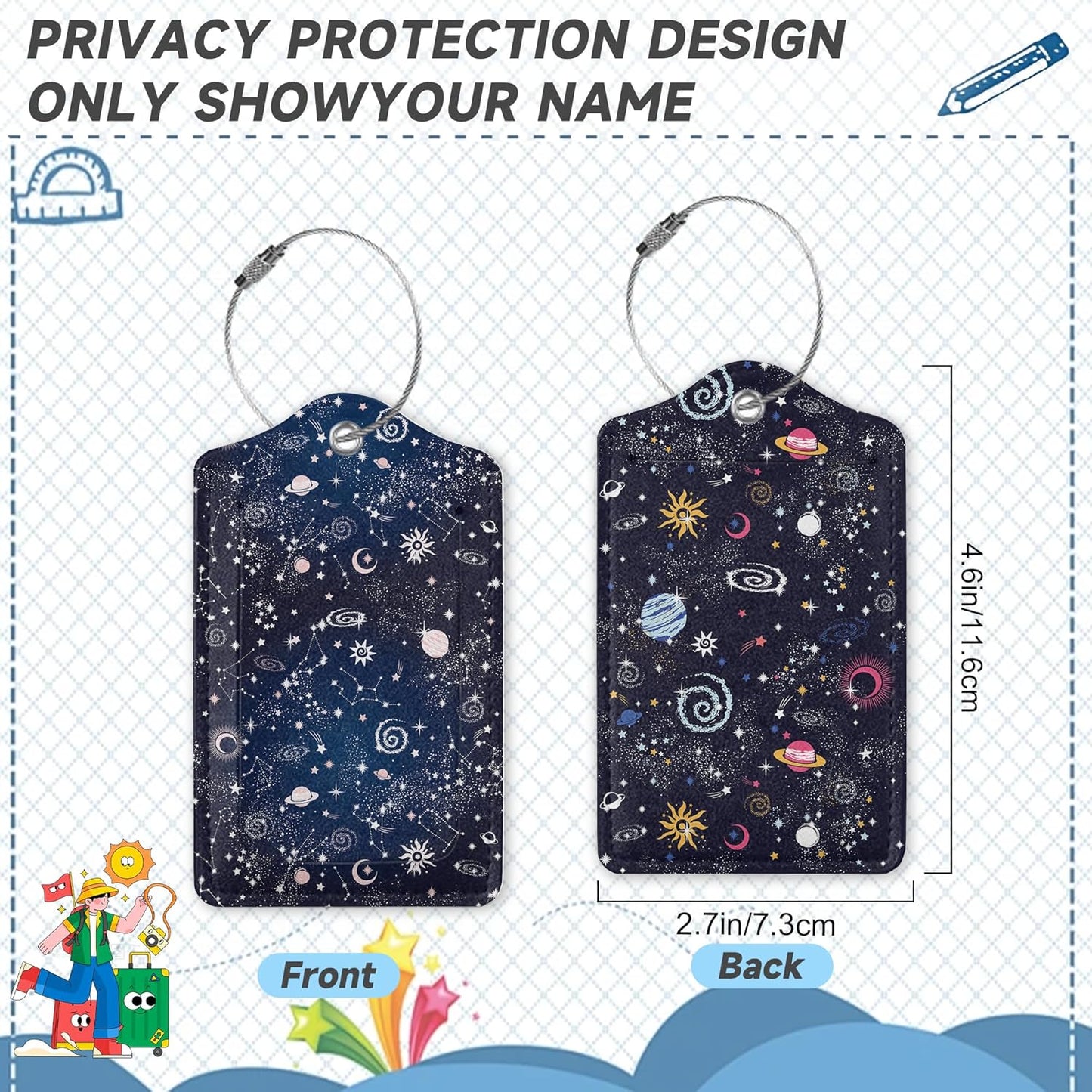 Space Moon Luggage Tags for Suitcases,2 Pack Planets Luggage Tag,Leather Stainless Steel Loop Label Tag for Women Men Girls Travel Bag Suitcase