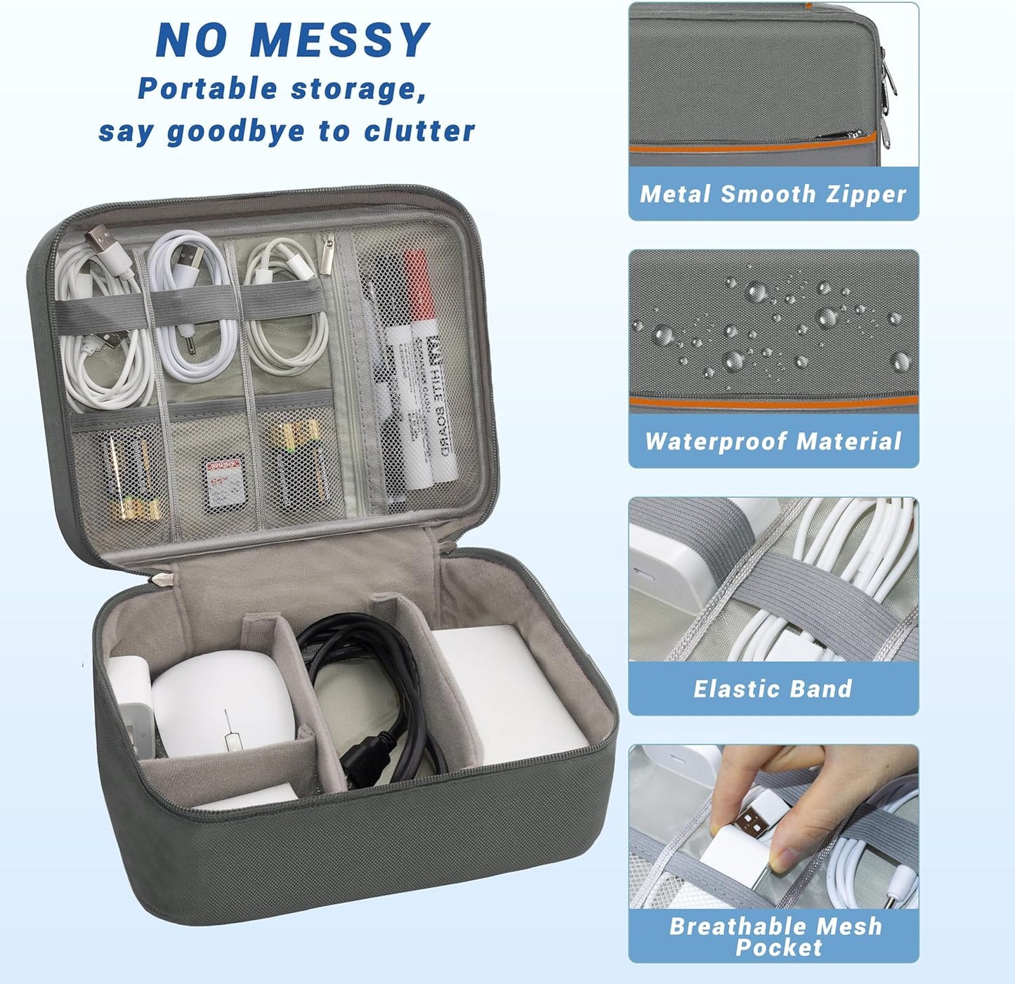 Electronics Organizer,Travel Cord Organizer Pouch, Portable Cable Organizer Bags, Waterproof Electronic Accessories Storage Case for Cables, Cords, Charger, Phone (Double Layer-Gray)