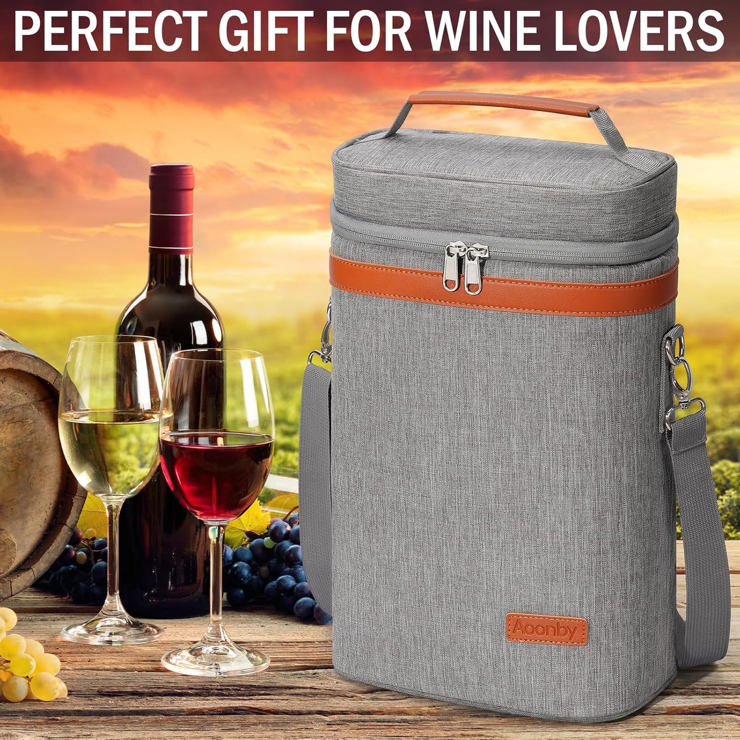 2 Bottle Wine Bag Wine Cooler Carrier Wine Gift Tote Bag, Leakproof & Insulated Bottle Bags for Travel, BYOB, Beach, Dinner, Party, Christmas Gifts for Wines Lovers Women Men - Gray