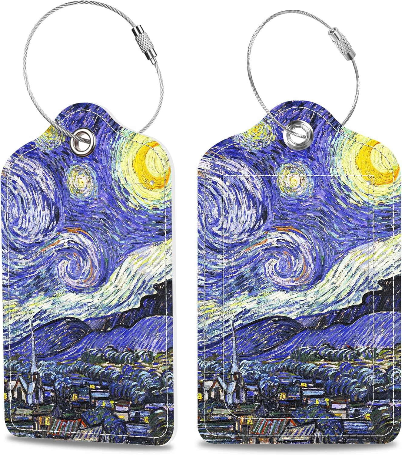 2 Pack Luggage Tags for Suitcase The Starry Night Leather Stainless Steel Loop Label Tags for Women Men Travel Bag Suitcase with Privacy Cover Name ID Card