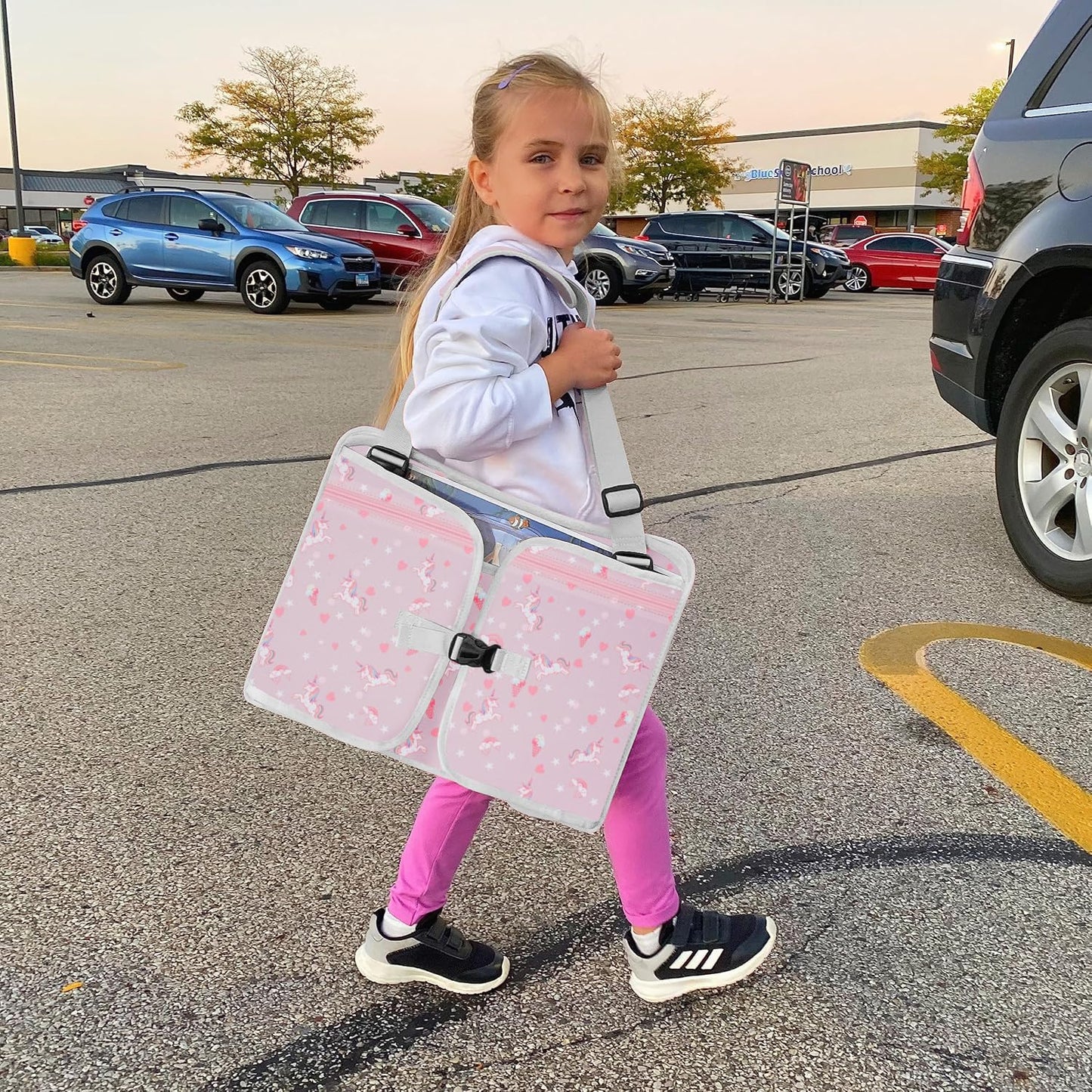 MENZOKE Kids Travel Tray, Car Seat Tray for Long Road Trips & Airplane Rides, with Cooler Cup Holder, Educational Dry Erase Board & Tablet Holder, Cute Unicorn Print, Light Purple