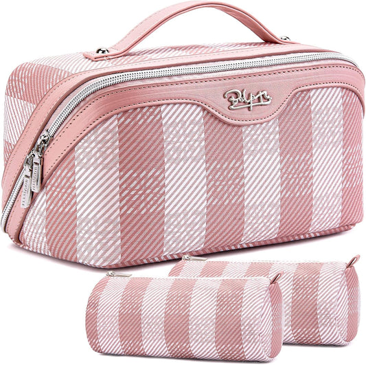 BOYATU Makeup Bag Travel Cosmetic Bag: 3 Pcs Set Portable Make up Bags for Women with Handle - Waterproof Vegan Leather Toiletry Organizer Bags with Comparments (F-03-Pink)