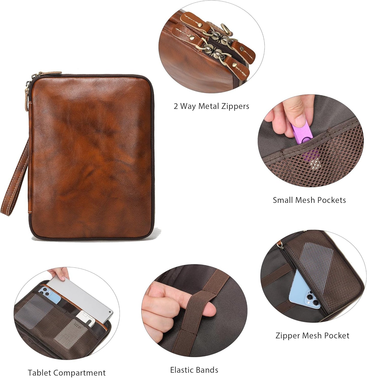 LANNSYNE Full Grain Leather Travel Cable Accessories Bag, Electronic Organizer Carry Case Double Layer Storage Case for Cables, Charger, Phone, Power Bank