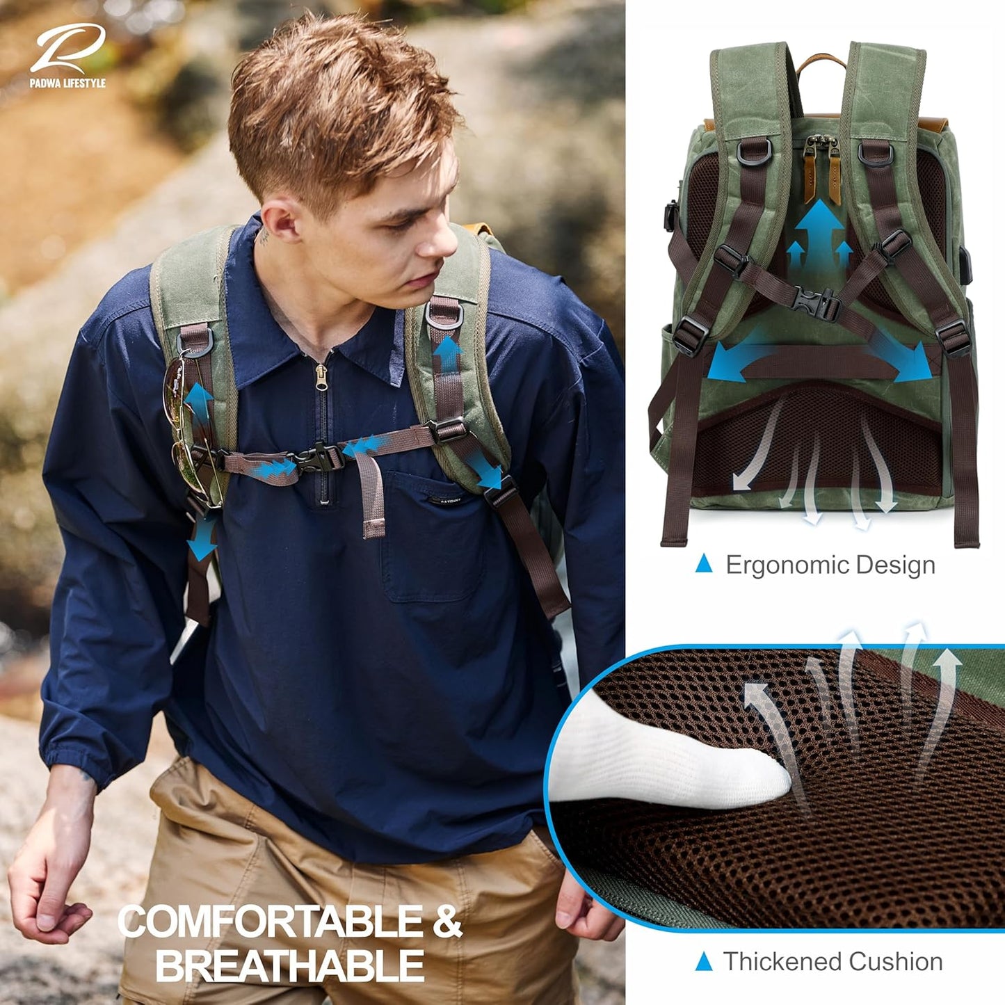 Padwa Lifestyle Green Camera Backpack - Waxed Memory Canvas Camera Bag, Multi DSLR SLR Large Camera Backpacks for Photographers with 16” Laptop & Lens Compartment and Tripod Holder & Weather Resistant