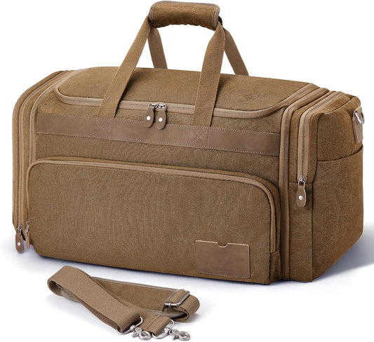 SHOWKOO Duffle Bag for Travel 60L Expandable Canvas Travel Bag Durable Vintage Weekender Overnight Carry On Bag for Men(Coffee)