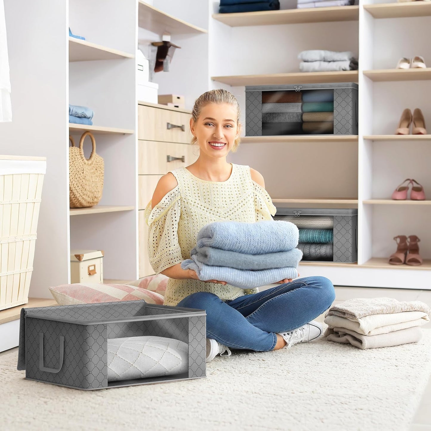 Sorbus Medium Clothes Storage Bags - Foldable Blanket Storage Bins for Organizing Bedroom, Closet, Clothing, Comforter, Organization with Clear Window, Lids and Carry Handles - Set of 8