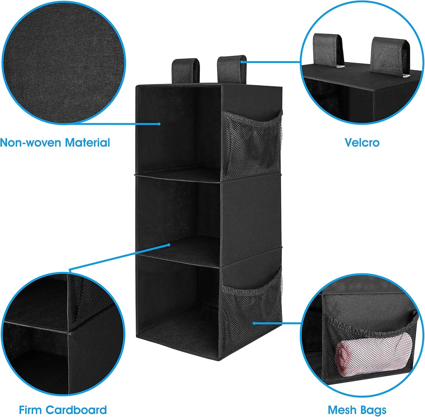 MAX Houser 3-Shelf Hanging Closet Organizer, Hanging Sweater Organizer, Foldable Hanging Shelves for Closet with 2 Velcro, Black