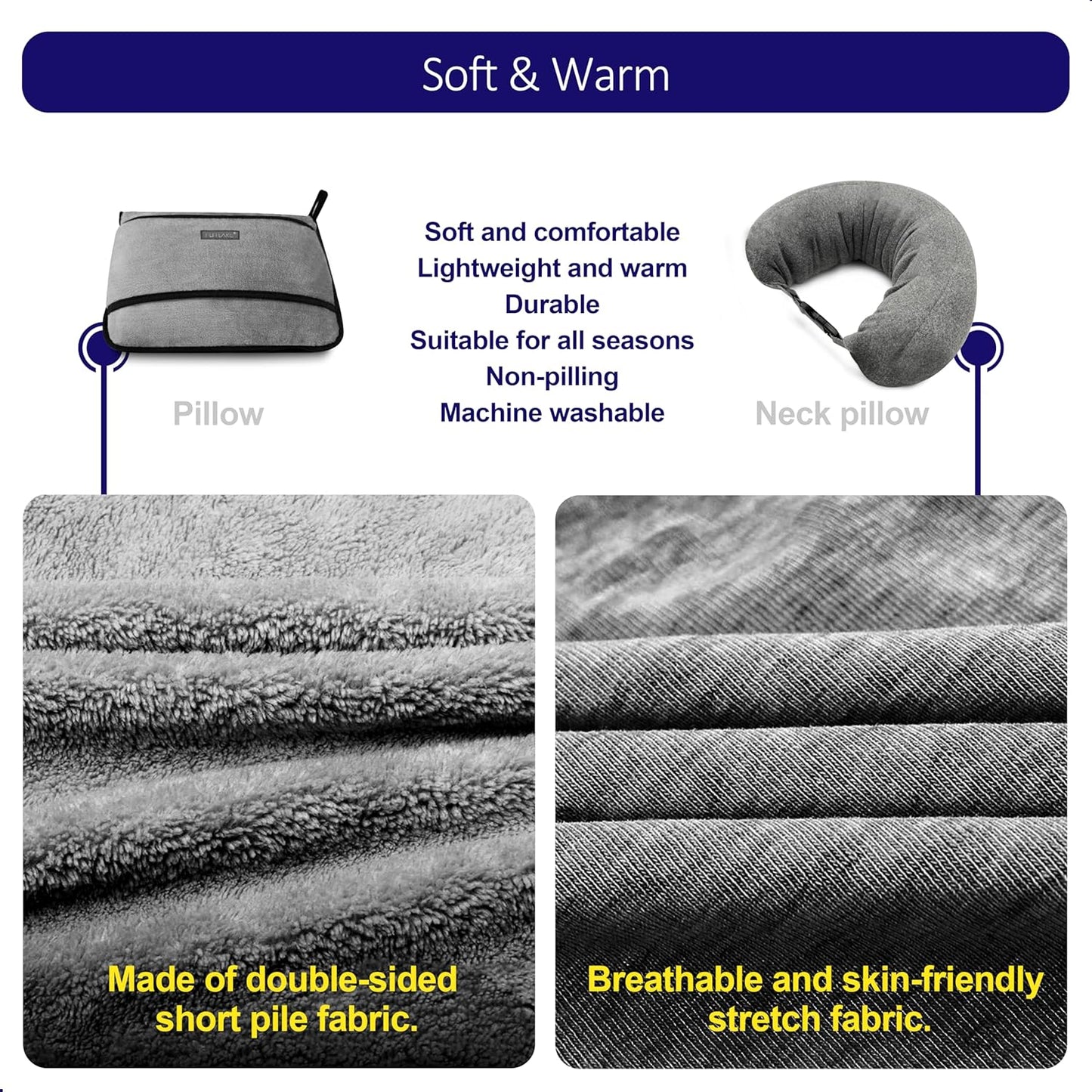 3-in-1 Travel Pillow Blanket Set - Soft Flannel Convertible Pillow, Blanket & Neck Pillow with Backpack Clip | Compact Travel Essentials for Airplane, Car, Office, Grey