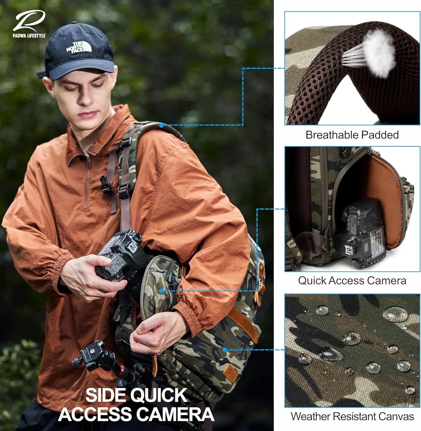 Padwa Lifestyle Camouflage Camera Backpack - Professional DSLR & UAV Camera Bag,Anti Theft Canvas Camera Backpack with Rain Cover,Large Capacity Photography Travel Camera Bag with Multi Compartments