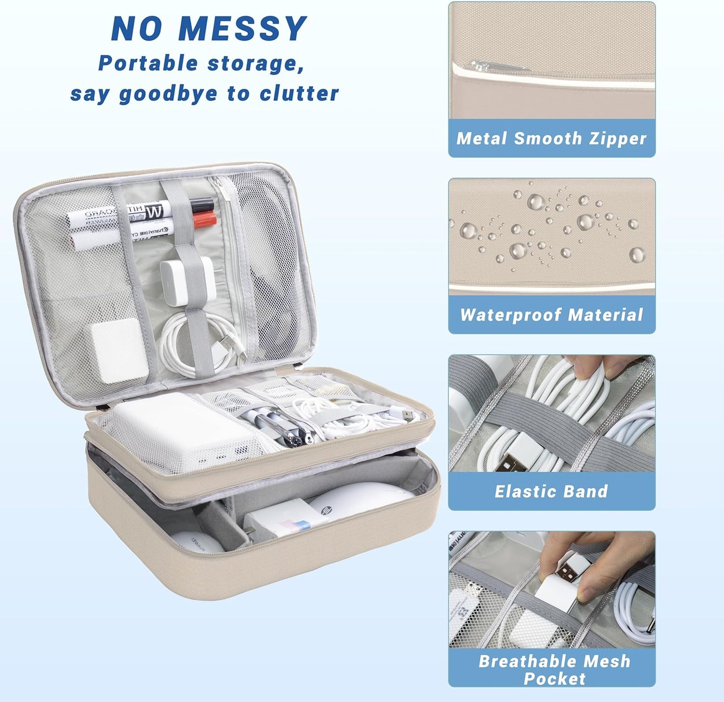 Electronics Organizer, Portable Cable Organizer Bags, Waterproof Electronic Accessories Storage Case for Cables, Cords, Charger, Phone (Three Layer-Beige)