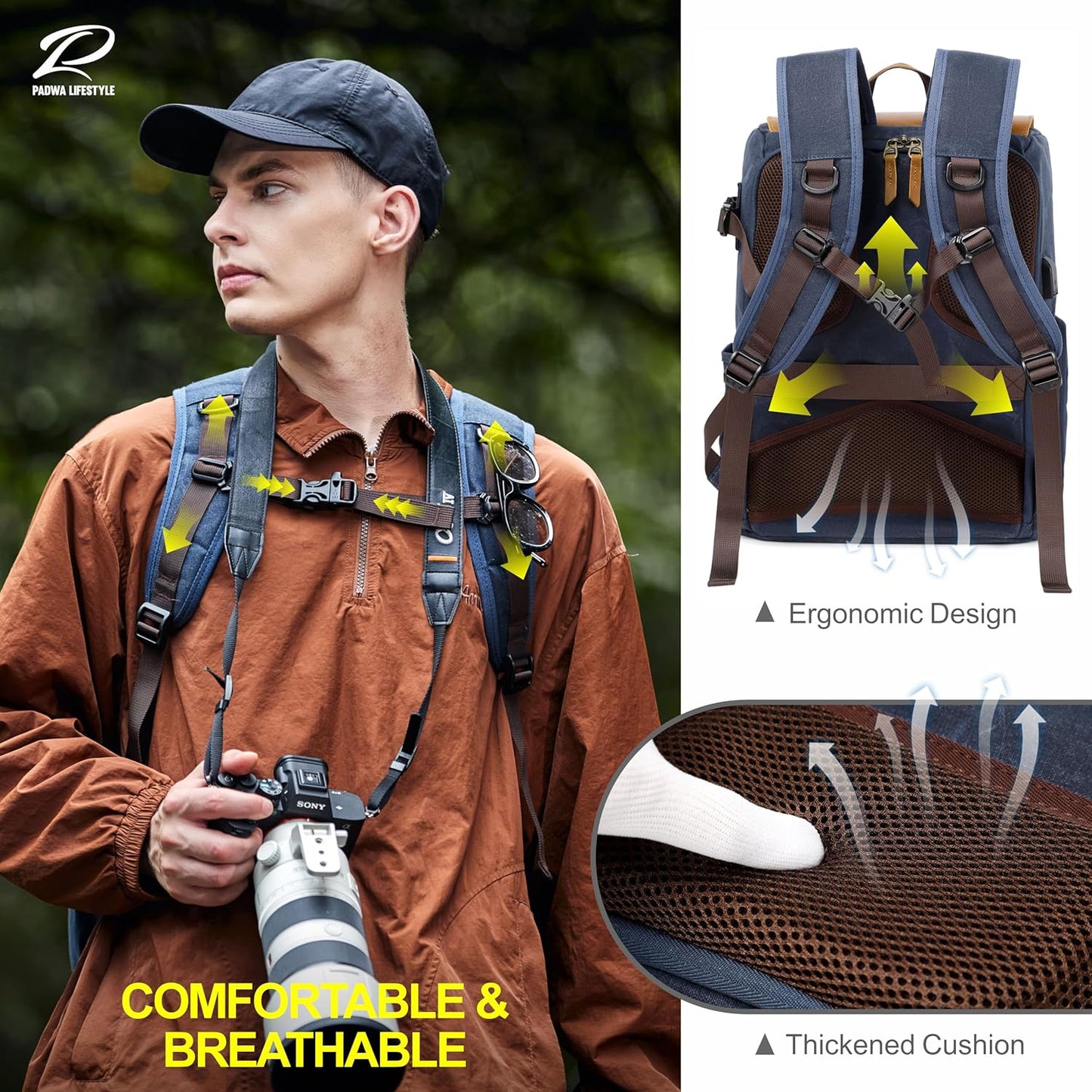 Padwa Lifestyle Blue Camera Backpack - Waxed Memory Canvas Camera Bag, Multi DSLR SLR Large Camera Backpacks for Photographers with 16” Laptop & Lens Compartment and Tripod Holder & Weather Resistant