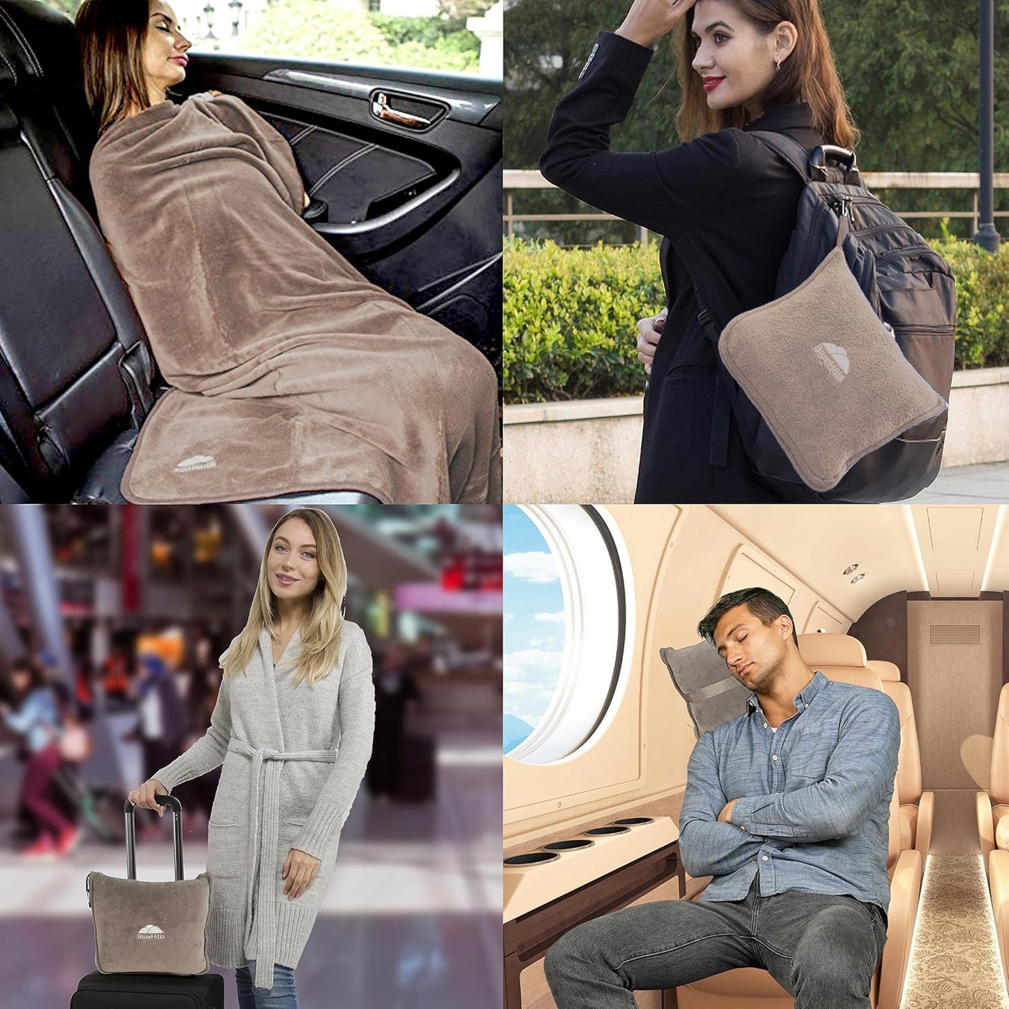 BlueHills Premium Soft Travel Blanket Pillow Airplane Flight Blanket Throw in Soft Bag Pillow case with Luggage Belt & Backpack Clip Compact Pack Large Airport Taupe T023