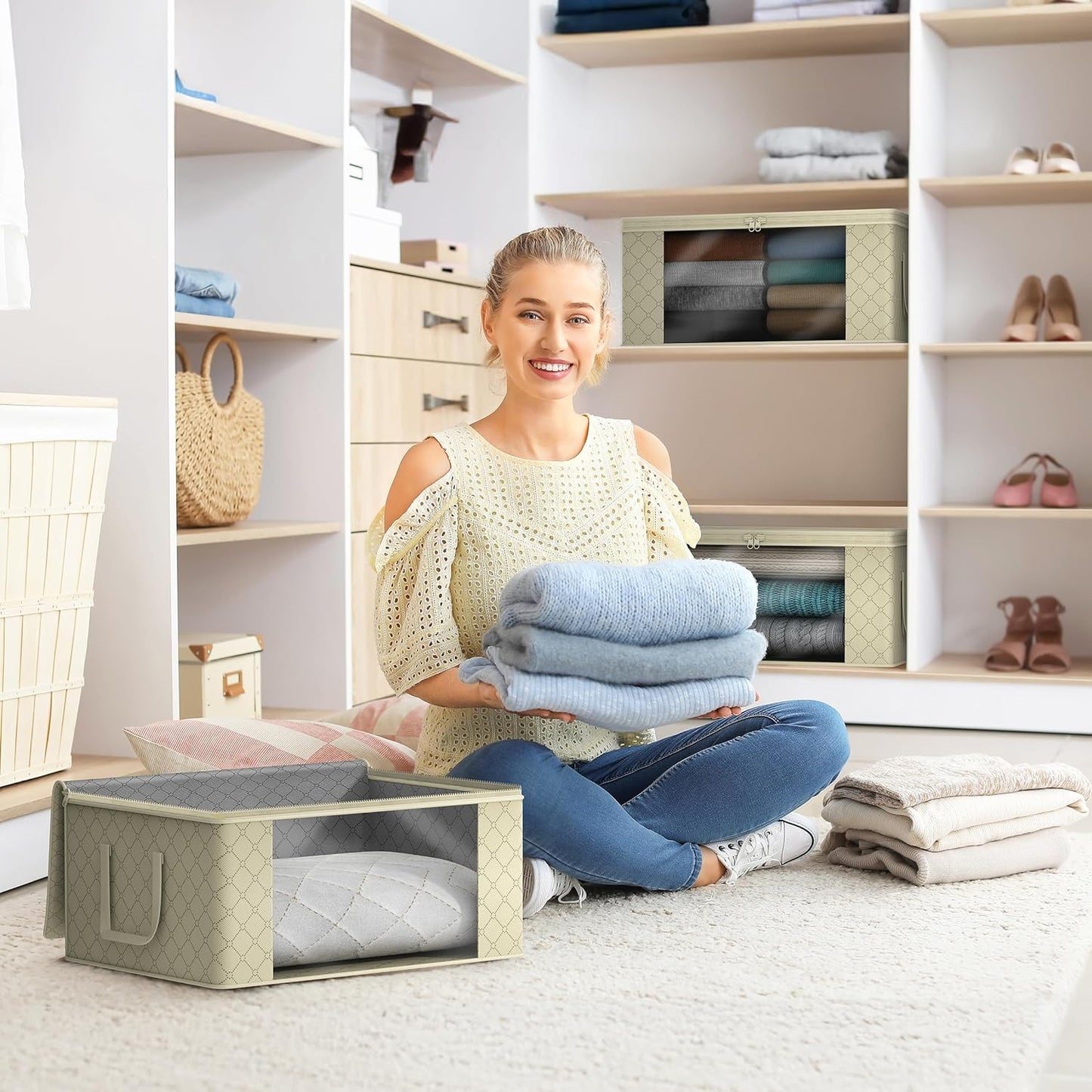 Sorbus Medium Clothes Storage Bags - Foldable Blanket Storage Bins for Organizing Bedroom, Closet, Clothing, Comforter, Organization with Clear Window, Lids and Carry Handles - Set of 8