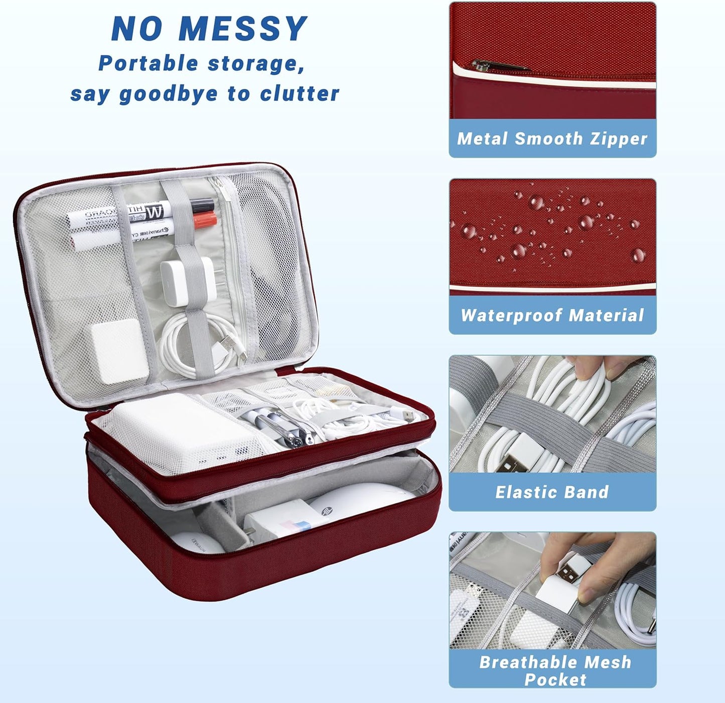 Electronics Organizer,Travel Cord Organizer Pouch, Portable Cable Organizer Bags, Waterproof Electronic Accessories Storage Case for Cables, Cords, Charger, Phone (Three Layer-Winered)