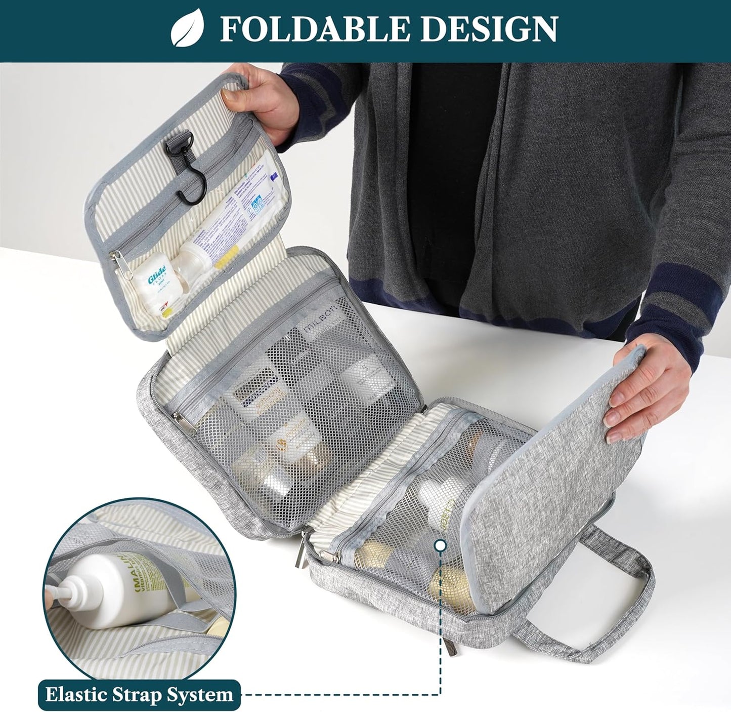 PAVILIA Hanging Toiletry Bag Travel Bag Women Men, Foldable Cosmetic Organizer, Roll up Makeup Bag, Water Resistant Accessories Toiletries, Large Travel Essentials Kit (Heather Grey)