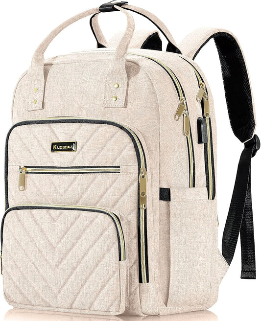 Laptop Backpack for Women, High School Bookbag for Girls with USB Port Charging, 15.6 Inch Water Resistant Computer Bag for Work, Travel College Back Pack Purse Gifts for Student Teacher, Beige