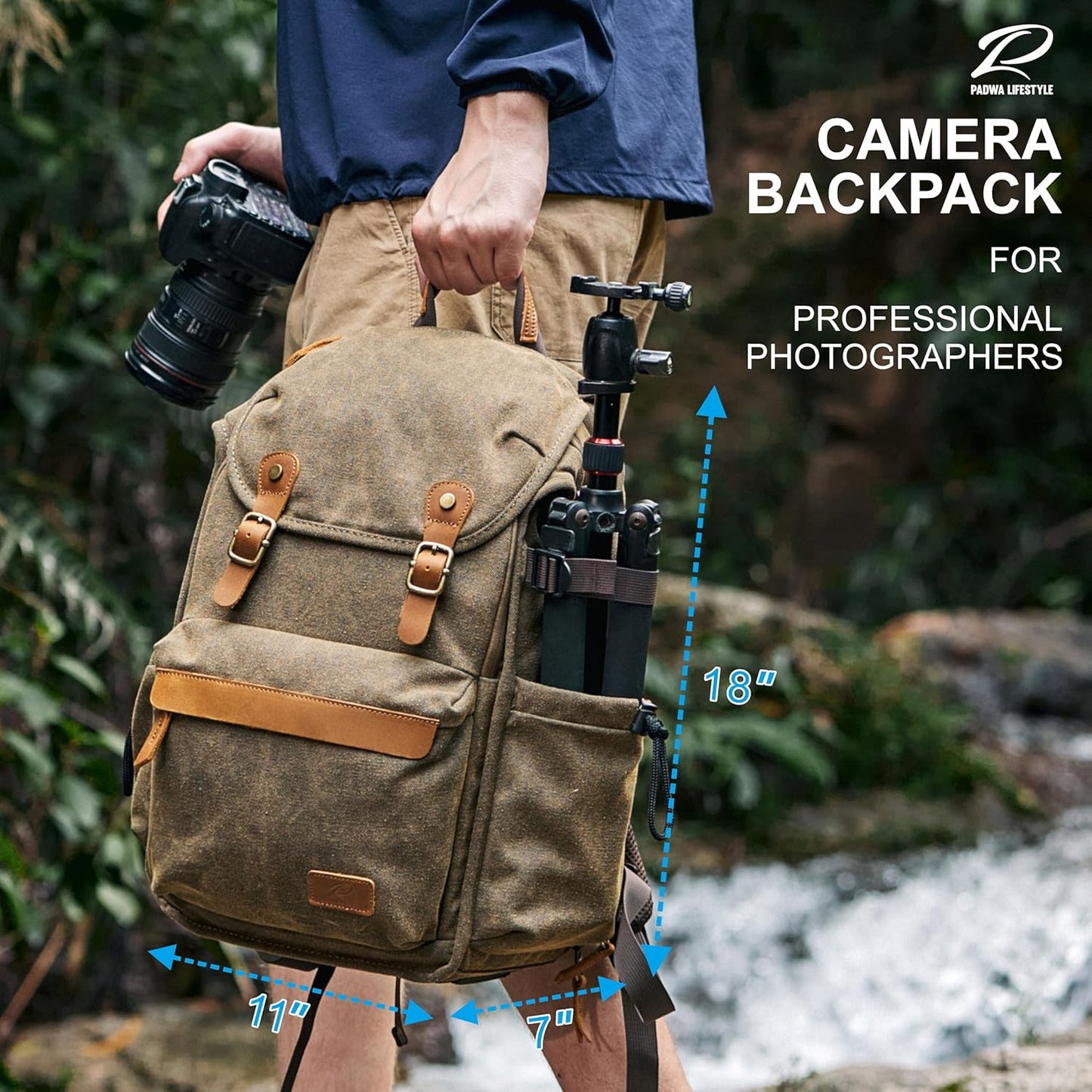 Padwa Lifestyle Khaki Camera Backpack - Professional DSLR & UAV Camera Bag,Anti Theft Canvas Camera Backpack with Rain Cover,Large Capacity Photography Travel Camera Bag with Multi Compartments