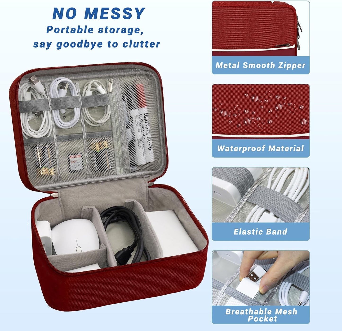 Electronics Organizer,Travel Cord Organizer Pouch, Portable Cable Organizer Bags, Waterproof Electronic Accessories Storage Case for Cables, Cords, Charger, Phone (Double Layer-Winered)