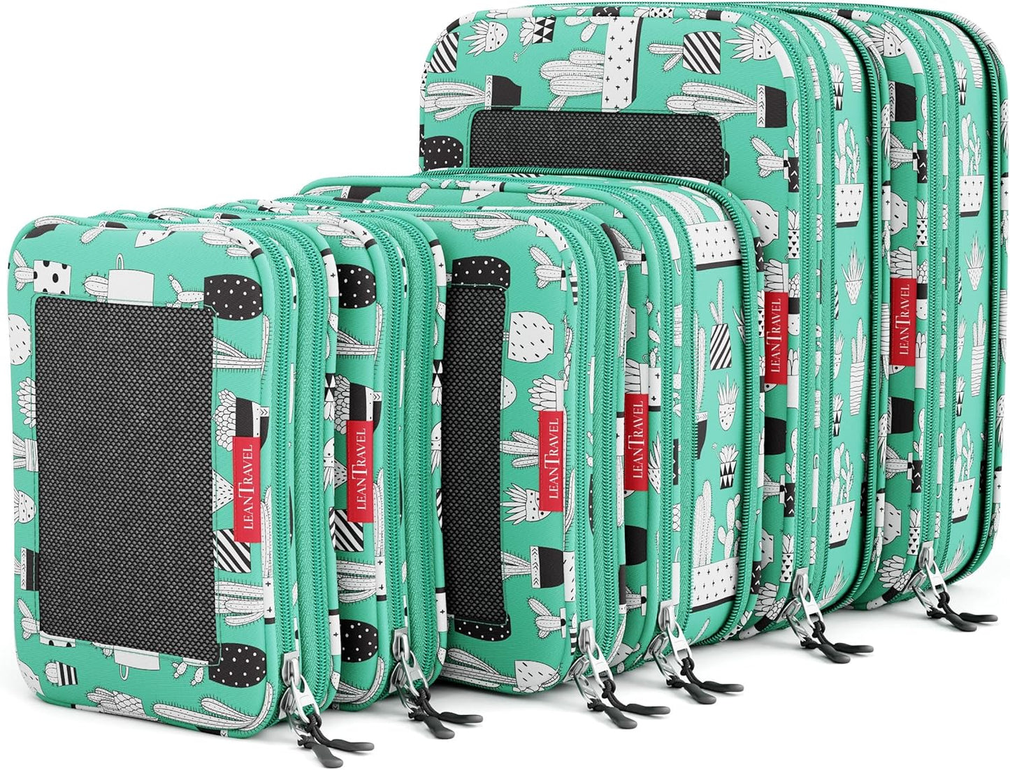 LeanTravel Compression Packing Cubes for Travel Organizers with Double Zipper (6-Pack (2L+2M+2S), Green Cactus)