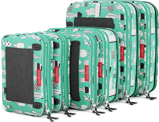 LeanTravel Compression Packing Cubes for Travel Organizers with Double Zipper (6-Pack (2L+2M+2S), Green Cactus)