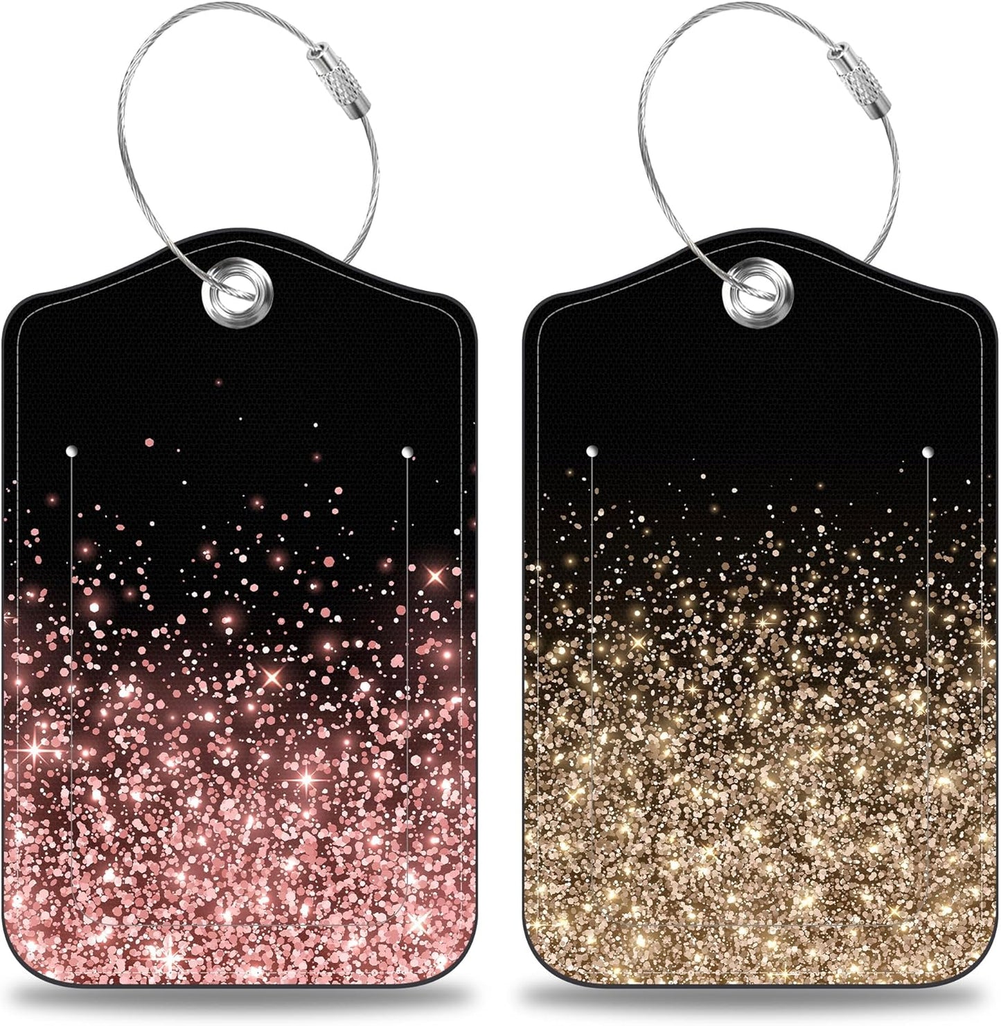 2 Pcs Rose and Gold Glitter Luggage Tags for Suitcases PU Leather Baggage Tags Name ID Label with Privacy Cover and Stainless Steel Loop for Men Women Travel Bag Suitcase