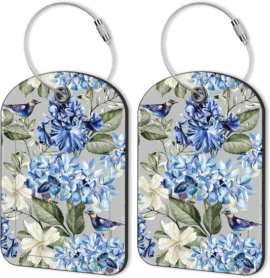 2 PCS Leather Luggage Tags for Suitcase Hibiscus Flowers Bird Travel Luggage Tag with Privacy Flap Name ID Label and Metal Loop for Travel Bag Suitcase