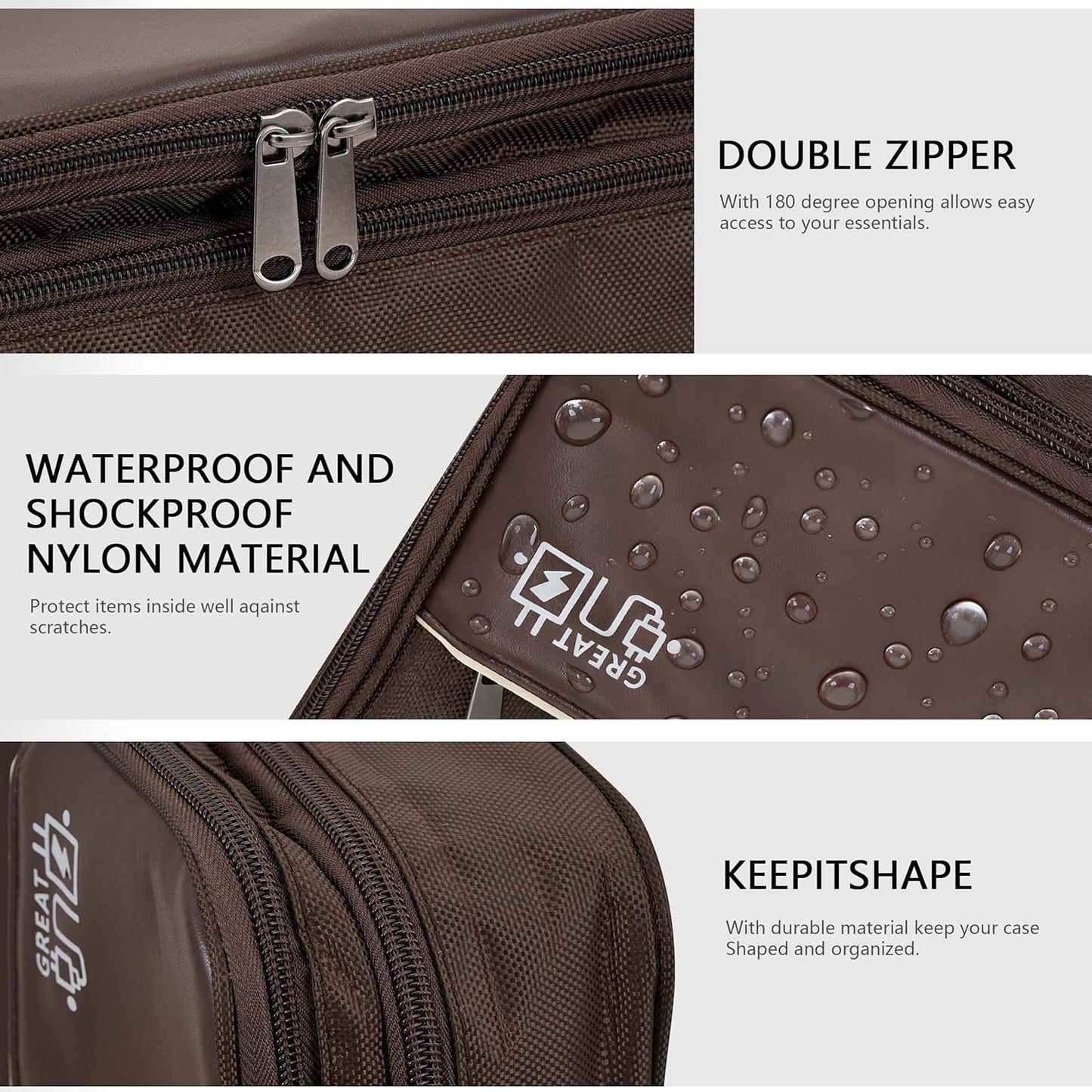 Electronics Accessories Organizer Bag, Waterproof Double LayerTravel Cable Organizer Case for Cords, Charger, Power Bank,Hard Drive, Mouse -Shockproof Tech Storage Pouch (Classic-two layers-Brown)