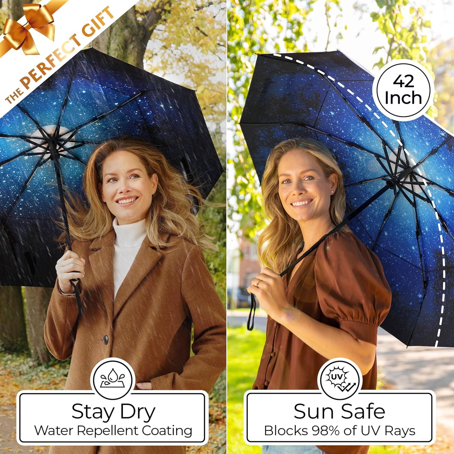 TUMELLA Strongest Windproof Travel Umbrella (Compact, Superior & Beautiful), Small Strong but Light Portable and Automatic Folding Rain Umbrella, Durable Premium Grip, Fits Car & Backpack