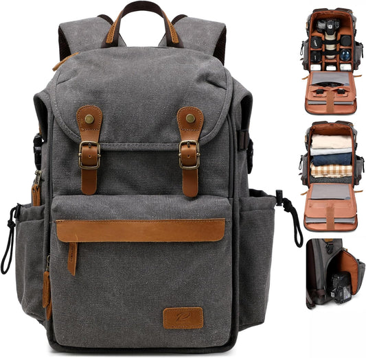Padwa Lifestyle Gray Camera Backpack - Professional DSLR & UAV Camera Bag,Anti Theft Canvas Camera Backpack with Rain Cover,Large Capacity Photography Travel Camera Bag with Multi Compartments