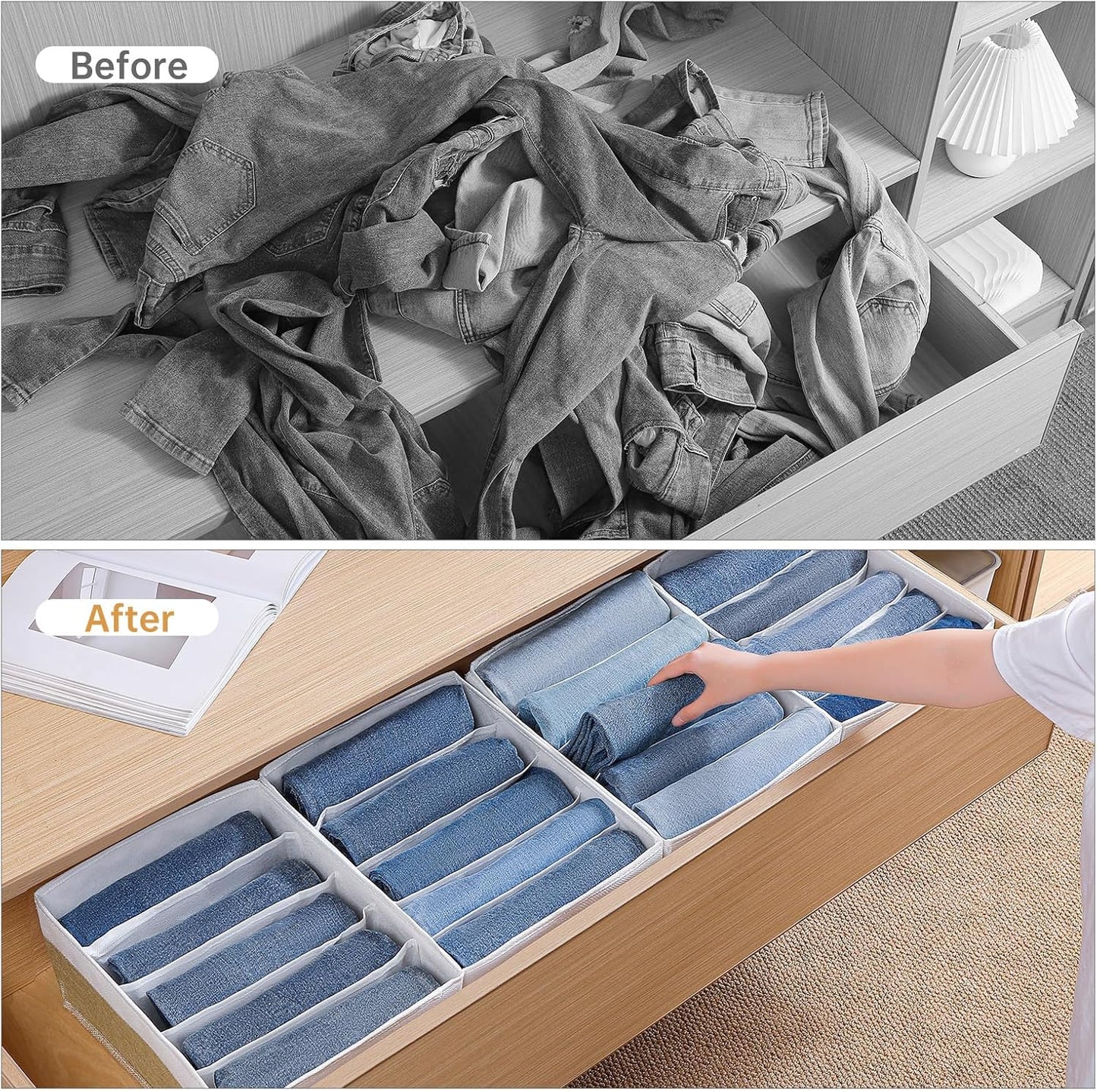 Jeans Drawer Organizers for Clothing,5 Grids Compartment Wardrobe clothes organizer,Fabric Washable Closet Organizers and Storage Bins for Jeans,Pants,Bra,Legging,t-shirt-BeigeWhite